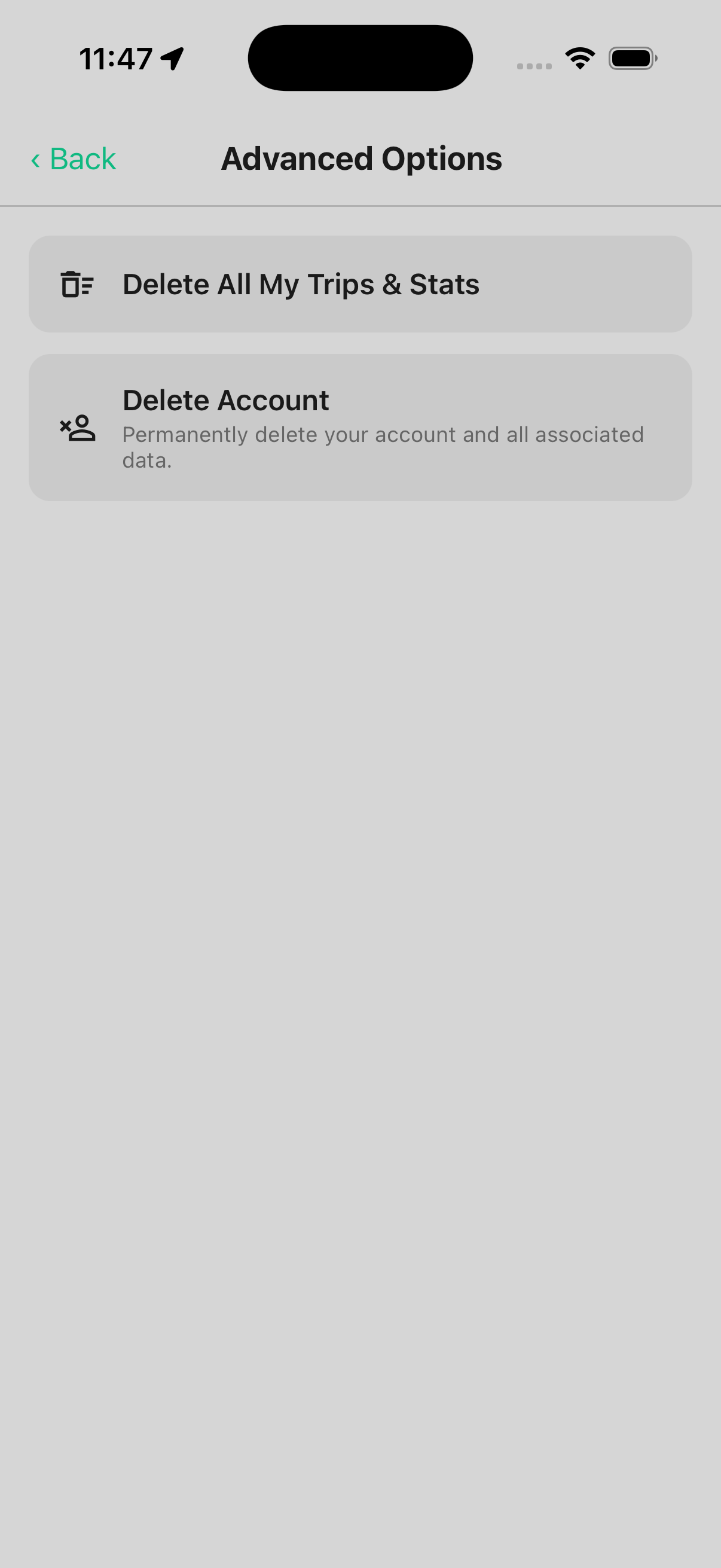 Advanced Options screen showing Delete Account
