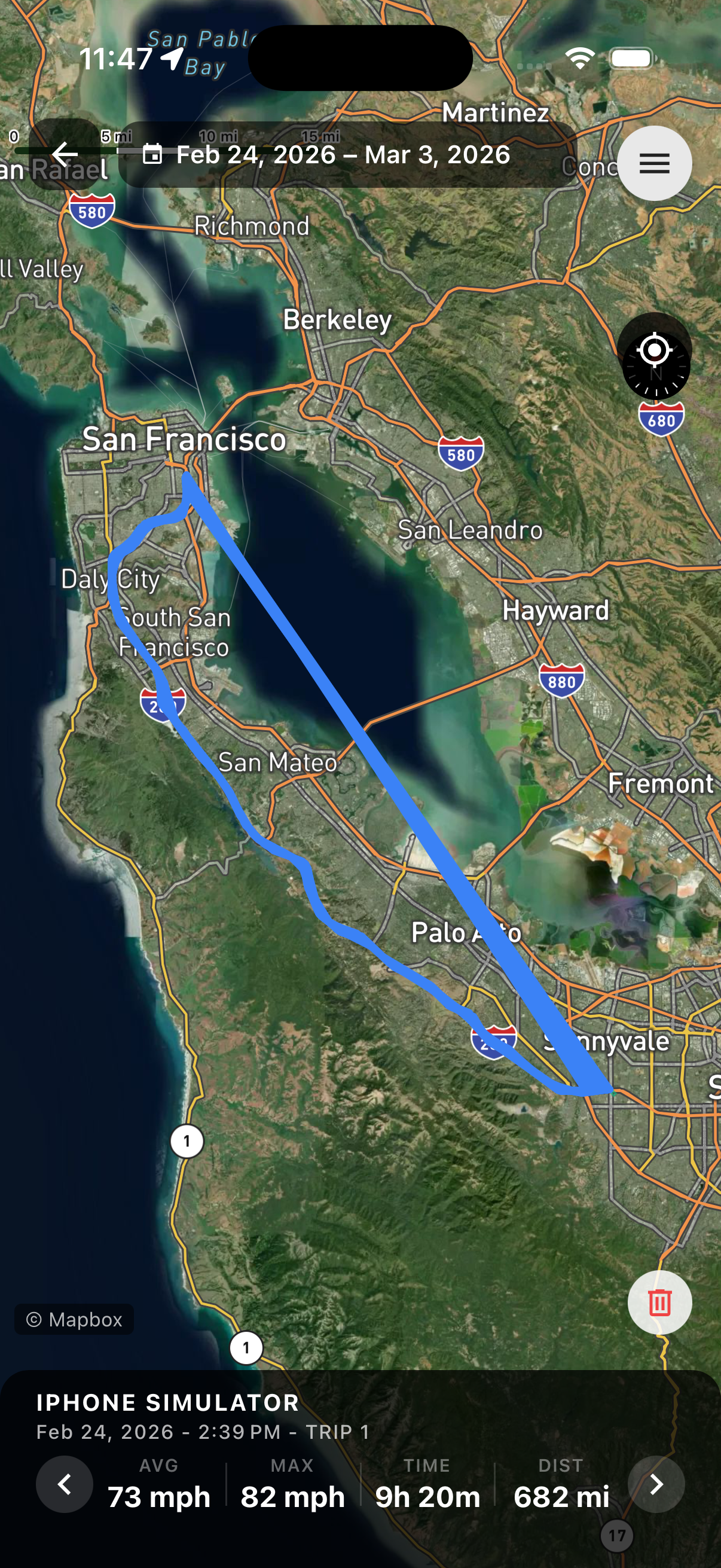 Trip view showing route on map