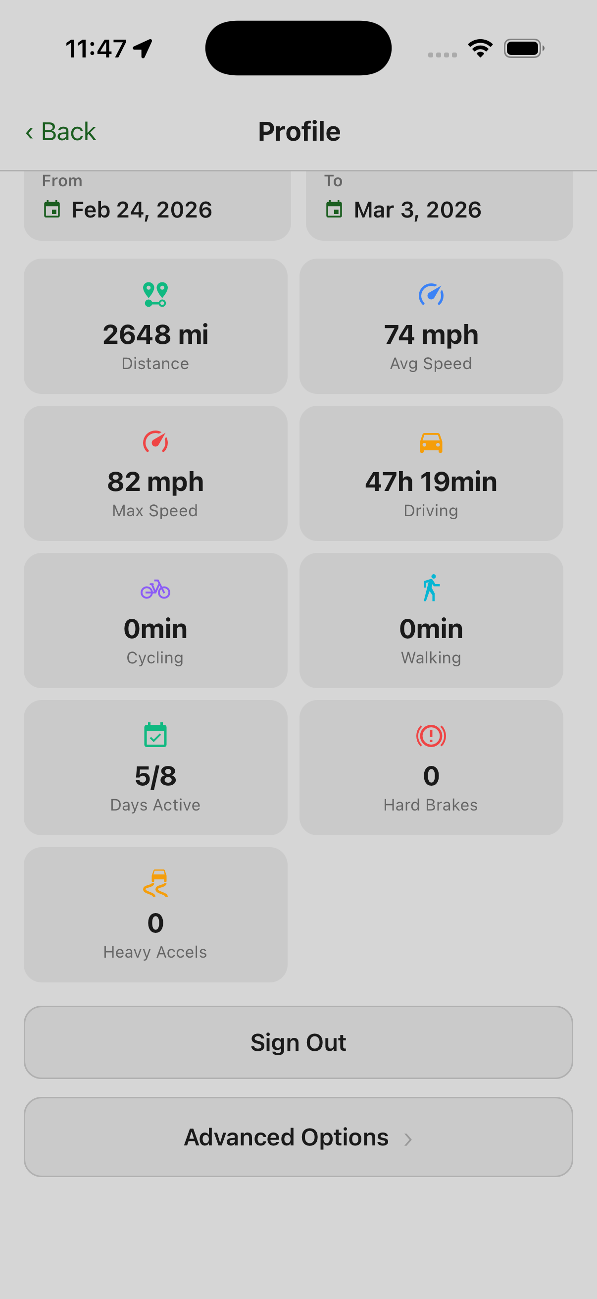 Profile screen showing Advanced Options button